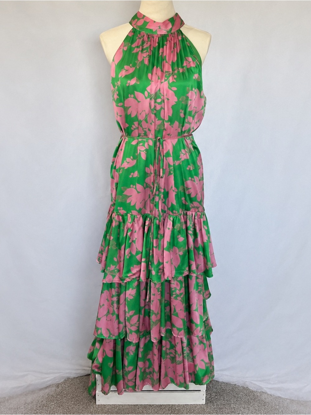 Pink Lily Pink Green Floral Tiered Halter Maxi Dress XL